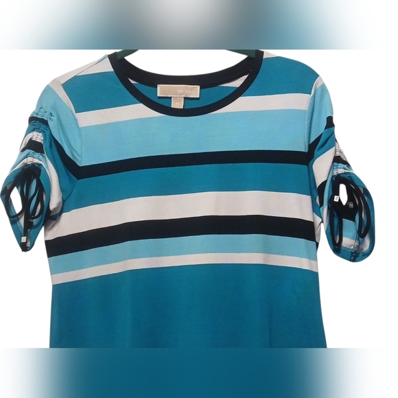 Michael Kors - NWOT, Multi Colored Striped Dress, Short Sleeves W/ Ruching & Tie - Picture 7 of 10